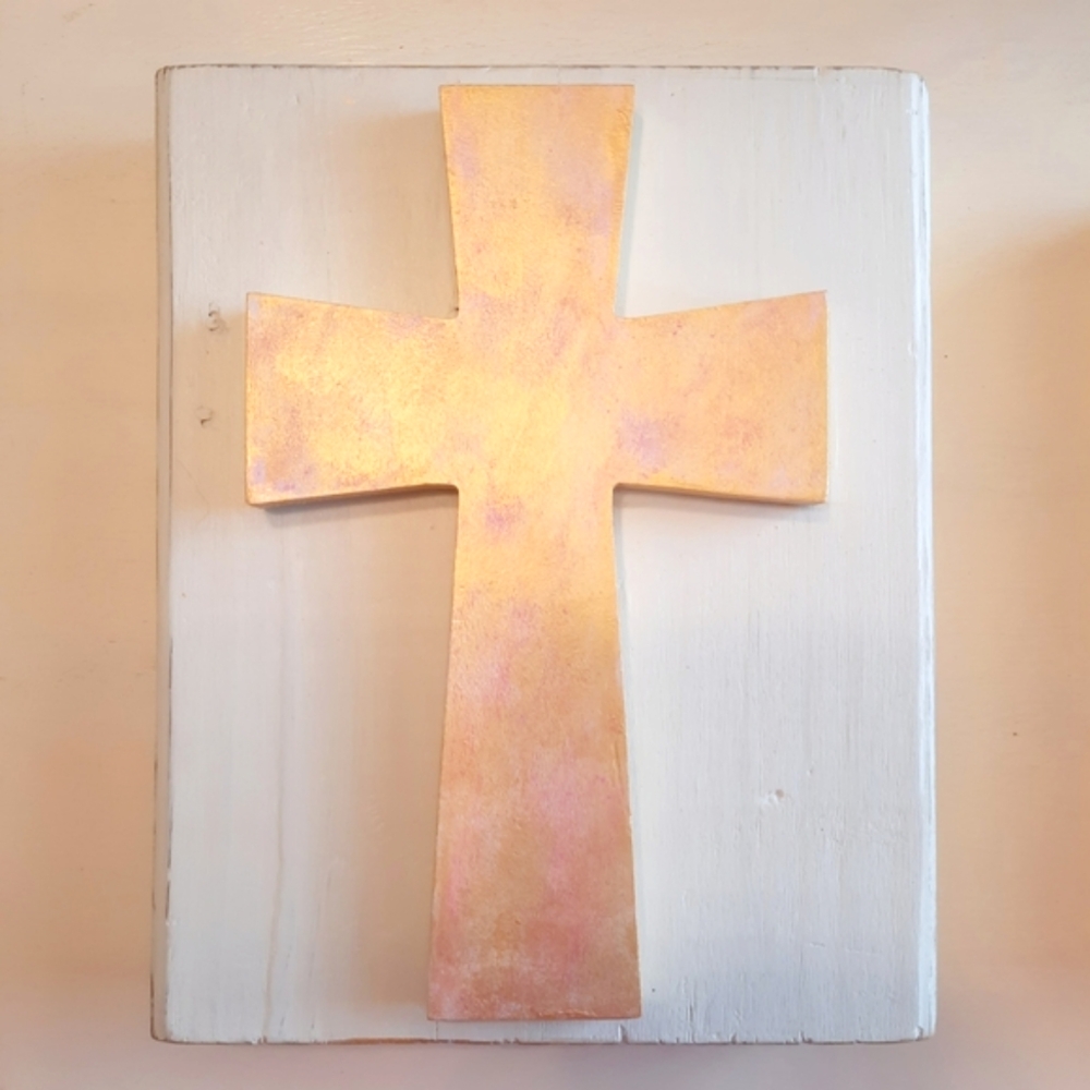 Elevated Marbled Cross On Wood Plank - Colors: Gold &  Pink - Home Accent